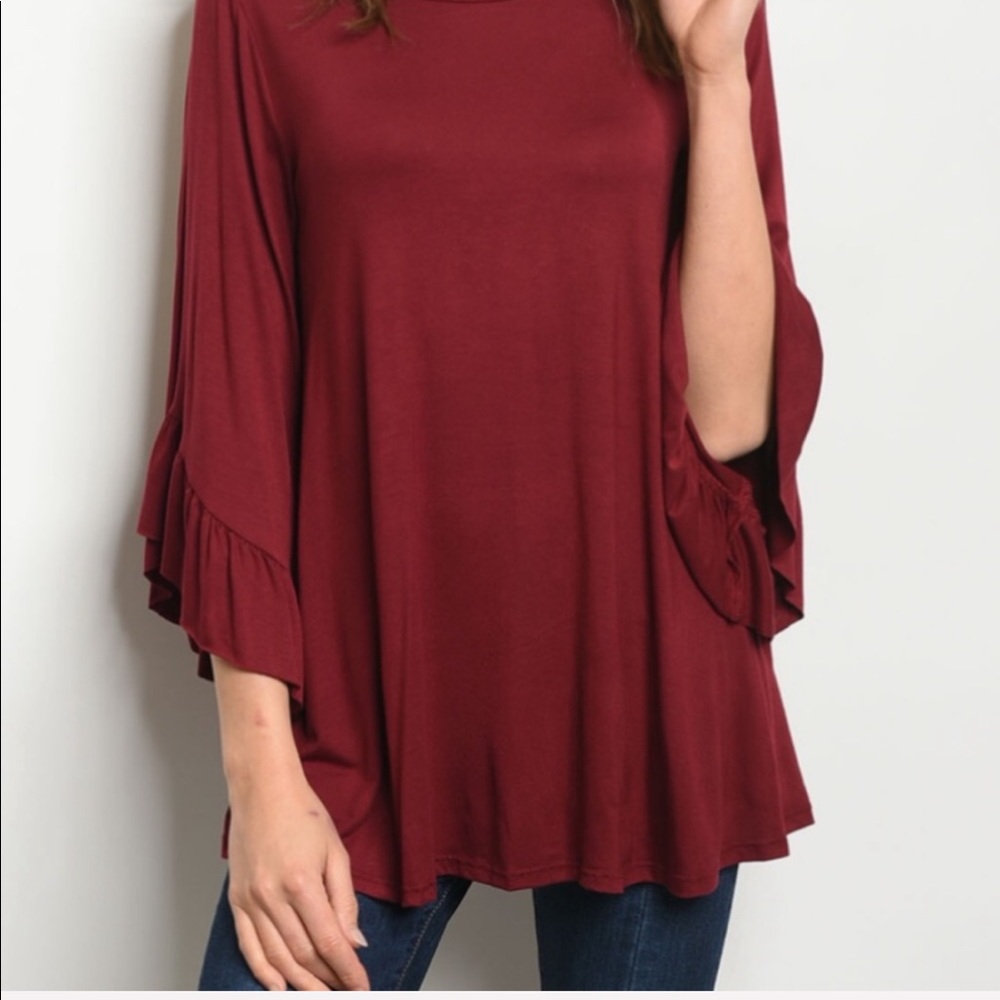 NEW‼️BURGUNDY RUFFLE HAND DETAIL BELL sleeves- top - Picture 2 of 3